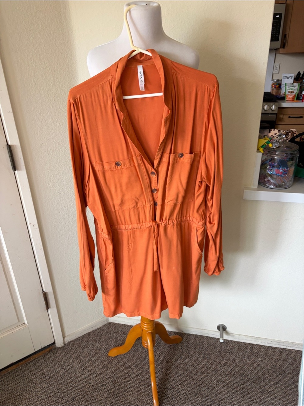 RVCA Orange Button-Front Long Sleeve Romper Jumpsuit
